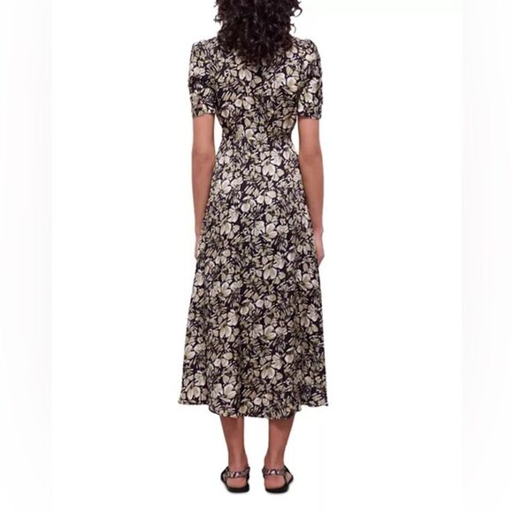 The Kooples Floral Twill Midi Dress Size 1 Black Beige Puff Sleeve Button Front - Picture 14 of 16